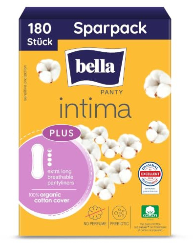 bella Panty intima Plus Slipeinlagen Extra Long (180 Stück) 100% Baumwolle | parfümfrei, mit Präbiotikum | 5x36 Vorratspack Damen Einlagen