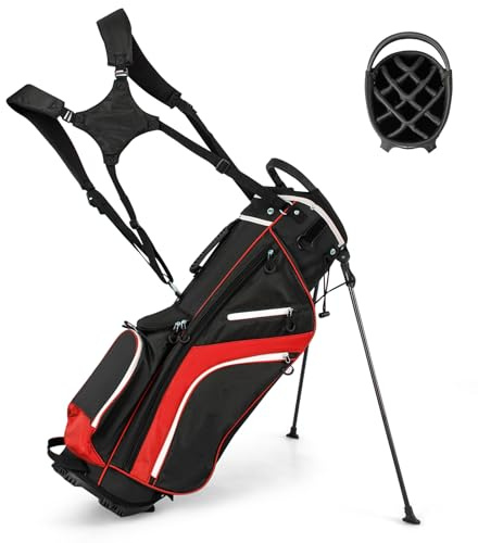 COSTWAY Golf Stand Bag, Lightweight Golf Club Bags with 14 Way Top Dividers, 6 Pockets, Cooler Bag, Dual Strap and Rain Hood, Waterproof Golf Trolley Bag for Men & Women (Red)
