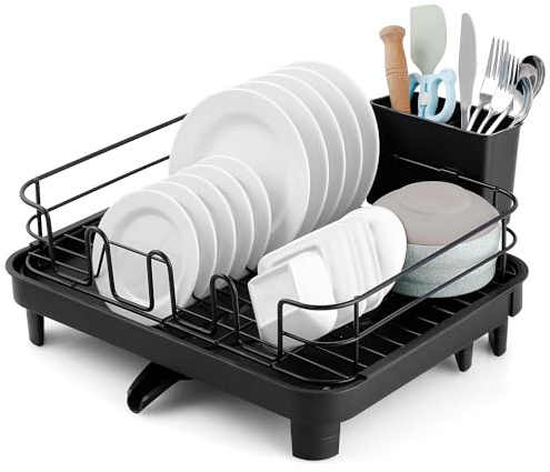Hanamura Escurreplatos sobre Fregadero – Escurridor de Platos para Fregadero Extensible con Bandeja y Boquilla Giratoria 360° – Negro