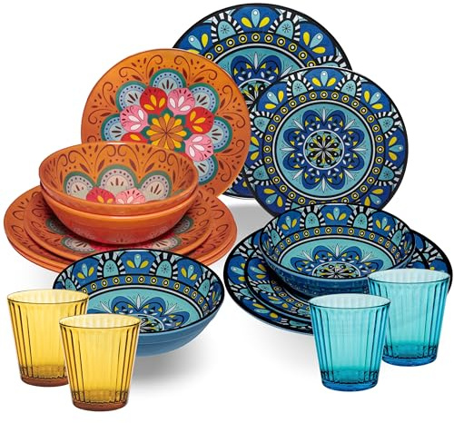 Service de table en mélamine Toscane pastel pour 4 personnes – 16 pièces – Aspect mandala avec verres assortis 360 ml en acrylique Vaisselle de camping caravane camping