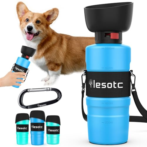 lesotc 1000ml Gourde Chien Promenade, Bouteille d'eau Portable pour Chien, Prévention des Fuites d'eau, Convient pour l'Extérieur, Les Voyages, La Marche, Le Camping Et d'autres Scènes （Bleu）