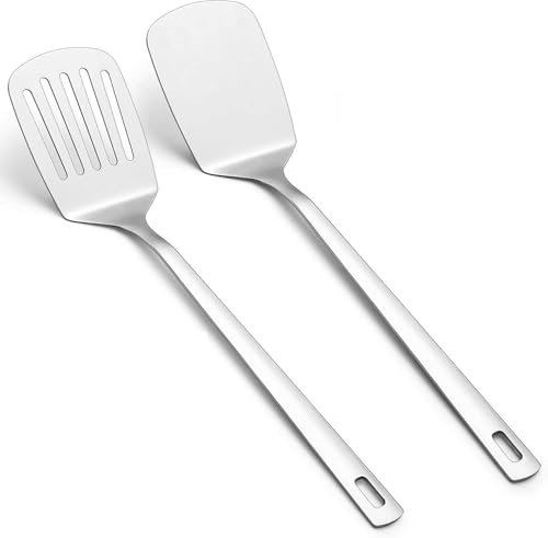Heanvmyss Juego de Espátulas de Acero Inoxidable,2 Piezas Espatula Cocina,Espátula Ranurada,Espátula Sólida para Cocinar Pescado,Huevo,Freír,Asar(Plateado)