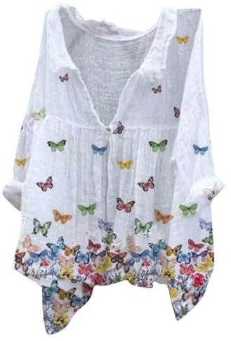 Angxiwan Linen Cardigan for Women Summer Long Sleeve Lightweight Jacket Elegant Print Button Shirts Plus Size Flowy Hem Linen Tops Blouse Ladies V-Neck Casual T-Shirt