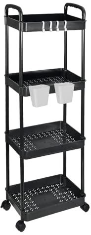PATIKIL Carro De Utilidad Rodante De 4 Niveles con Mango, Carro Organizador De Estantes De Almacenamiento, Organizador De Almacenamiento Móvil con Cestas Colgantes, Negro