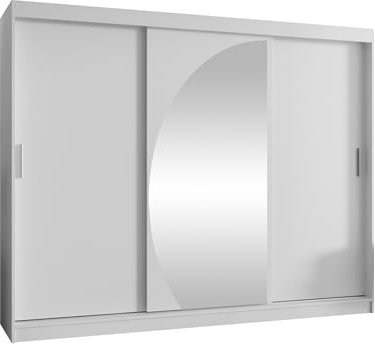Mirjan24 Kleiderschrank Waluri 250, 3-türiger Schiebetürenschrank mit Einlegeböden und 2 Kleiderstangen (Weiß, mit Schubladen)