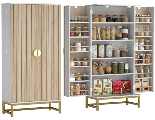 HOMCOM Buffet Cuisine Garde Manger 12 Étagères Portes 58x29x119,5cm Blanc | Meuble Cuisine Rangement, Vaisselier, Étagères Réglables, Double Porte à Lattes, pour Salle à Manger, Salon