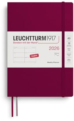 LEUCHTTURM1917 372738 Veckokalender medium (A5) 2026, softcover, Port Red, engelska