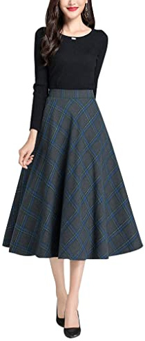 BiilyLi Jupe Longue Femme Hiver Élégant Laine Carreaux Haute Taille A-Ligne Midi Jupes Casual Skirt Gris-Bleu -L(Taille élastique: 78 cm)