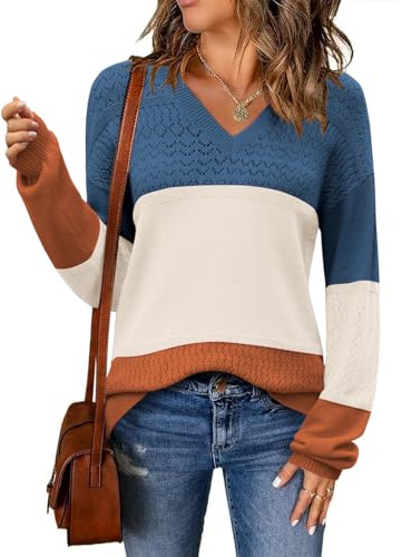 GRMLRPT Pullover Damen Strickpullover Colorblock Langarm V-Ausschnitt Sweatshirt Herbst Winter Langarmshirt Basic(Beige,XL)