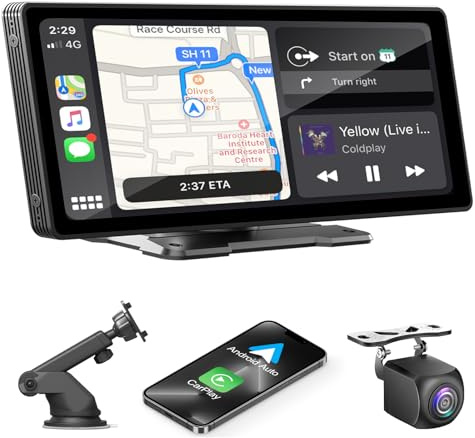 KMUTZY Wireless Tragbares Carplay Display für A-pple Carplay & Android Auto, Navigationsgeräte für Auto mit Rückfahrkamera, Bluetooth, Mirror Link, Voice Control, FM, AUX (10.26'')