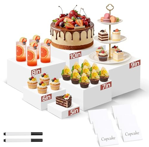 14 alzate impilabili per buffet in acrilico, 6 misure, con 6 mini cartelli e 2 penne, display da tavolo con fondo cavo, per feste, compleanni e matrimoni (13-26 cm