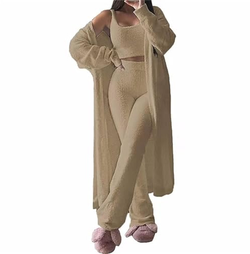 Edelaura Set di Pigiama da Donna in Pile 3 Pezzi Invernale Caldo Lungo Monocromatico Casual con Canottiera Giacca in Pile a Maniche Lunghe e Pantaloni a Vita Alta Abbigliamento da Casa