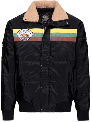 King fotogen, herrvinterjacka, skidjacka – 70-talet – 1970 – retrojacka – teddykrage – sherpa – randig design – lapp – elastisk – dragkedja – tryckknappslist – Kalifornien, svart, XL