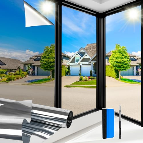 Zindoo Hitzeschutzfolie Fenster Fensterfolie Spiegelfolie 90x120cm | Sichtschutz Einseitig Blickdicht, UV-Schutz, für Terrassentüren und bodentiefe nach außen gerichtete Fenster