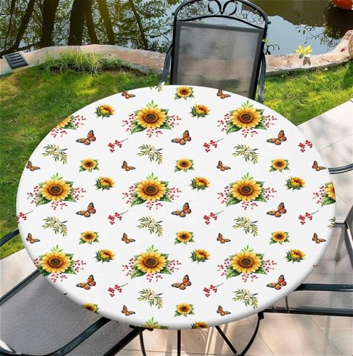 ARTSGOO tischdecke Outdoor wetterfest 44 Zoll (110cm) - abwischbare Tischdecke mit Gummizug für Küche, Esszimmer, Party & Alltag - Schmetterlingssonnenblume