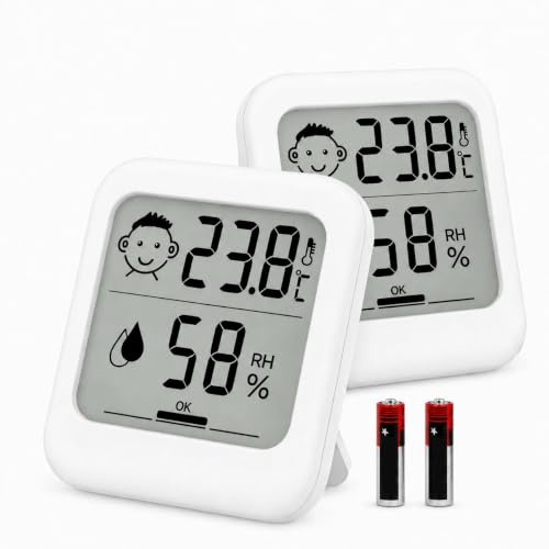 Piccolo igrometro digitale da interni, termometro ambientale, batterie AAA, monitor della temperatura e misuratore di umidità, per casa e ufficio, termometro confortevole per rettili (confezione da 2