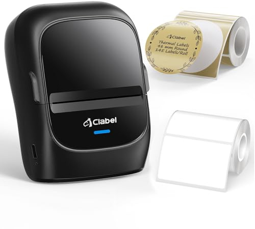CLABEL 221B Bluetooth Thermo Etikettendrucker Set inkl. 2 Rollen Aufkleber, Etikettiergerät Labeldrucker für Preisschilder Barcodes Flohmarkt Geschäft Basteln, inkl.48mm Kraftpapier mit Vintage-Rahmen