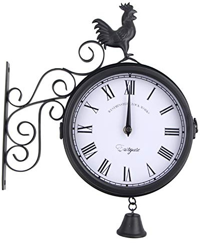 PurpleMinder Doppelseitige Wanduhr 20cm Retro Metall Bahnhofsuhr Wanduhr Figur eines schwarzen Hahns Antik Stil Doppelseitige Bahnhofsuhr im Innenbereich für zu Hause, Cafés und Gärten