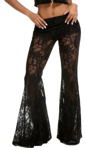 Acrawnni Women Lace Bell Pant Sexy Elastic Waist See Through Flare Bottom Leggings Hollow Out Mesh Cover Up Trousers Bootcut Trousers (G-Black, M)