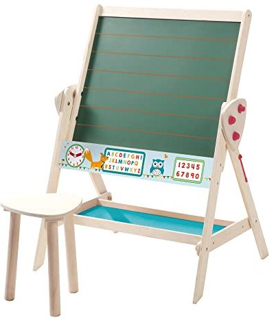 roba Ensemble Tableau et Tabouret pour Enfant - Convertible en Bureau - Double Face Magnétique et Craie - Bois Naturel