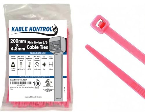 Kable Kontrol Pink Cable Ties, 200 mm x 4.8 mm, Pack of 100, 8 Premium Nylon Zip Ties, Multi-Purpose Plastic Tie Wraps, Secure Self-Locking Mechanism, for Home, Garden, Office and DIY | Nylon Plastic, Self Locking, UL Listed, Indoor Use