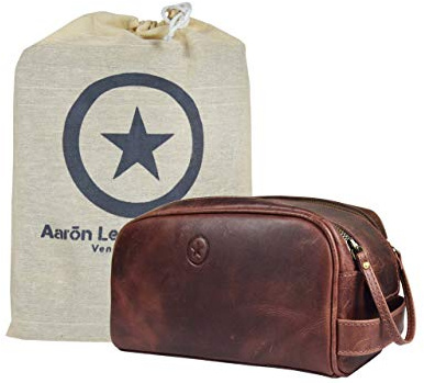 Leather Toiletry Bag for Men | Grooming Travel Kit | With Waterproof Lining | By Aaron Leather (Dark Brown)