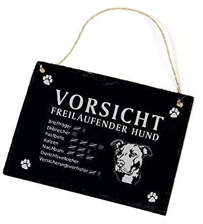 Pitbull Schild Schiefer Spruch graviert - Pitbull Vorsicht Freilaufender Hund - Türschild Schiefertafel 22x16 cm | Dekolando