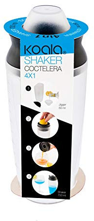 Koala Spain Coctelera Plástico 600 ml con Marcas de Medidas, Coctelera multiusos: Exprimidor, Colador, Medidor 50 cl