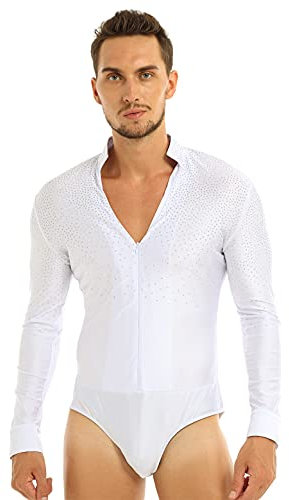 Freebily Herren Bodysuit Langarm Glitzer V-Ausschnitt Hemd Body Overall Tanz Turnanzug Latein Tango Rumba Ballsaal Performance Trikot Tops Weiß XL
