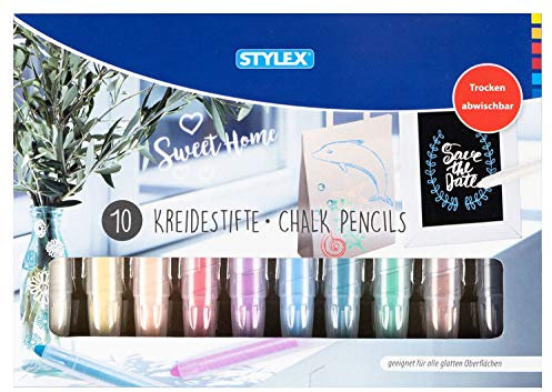 Stylex 28305-10 Kreidestifte zum dekorativen Bemalen und Gestalten von Glas und glatten Oberflächen, Farben wasserlöslich und trocken abwischbar, ideal für Fensterbilder