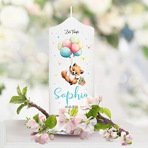 Wandtattoo Loft Taufkerze Junge oder Mädchen Motiv Fuchs mit Luftballon, 18cm x 7cm, personalisierte Kerze, bedruckte Kerze zur Taufe, Stumpenkerze, individuelles Taufgeschenk