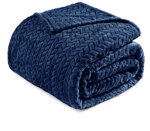 Exclusivo Mezcla Coperta Plaid Pile di Flanella per Divano, 220x240 CM Coperta Letto Matrimoniale con Modello a Foglie, Morbida e Calda, Blu navy