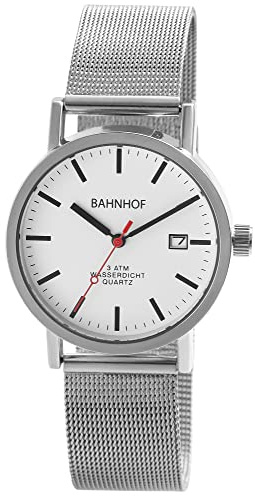 Bahnhof Herren Armband Uhr Weiß Analog Datum Meshband Metall Milanaise Quarz
