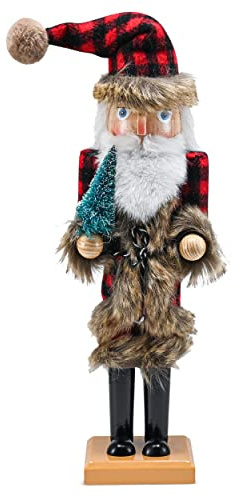 Ornativity Christmas Nostalgic Santa Nutcracker – Red and Black Wooden Nut Cracker Santa Clause Man with Buffalo Brown Fur Plaid Coat Holding a Xmas Tree Themed Holiday Doll Figure Decorations 15