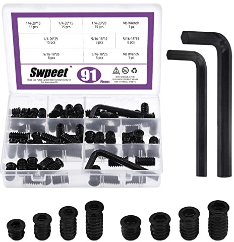 Swpeet Lot de 91 vis de meubles en acier au carbone plaqué zinc noir 6,35 mm + 5/16 pour écrous filetés, inserts en bois, boulons de fixation hexagonaux (1/4 + 5/16)