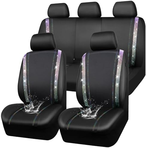 CAR PASS Coprisedili impermeabili in pelle, set completo di rivestimenti per sedili con diamanti scintillanti, cristalli brillanti, universali per il 95% di tutte le automobili, camion e SUV, per