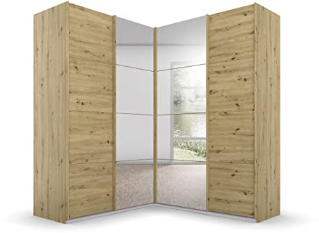 Rauch Möbel QUADRA, Eckschrank, Farbe Eiche Artisan, Breite 181 cm | Eckschrank mit Schwebetüren, 4-türig, mit Spiegel, für Schlafzimmer, Gästezimmer, Ankleidezimmer, Garderobe