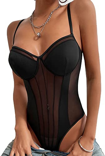 Body Damen Sexy Sheer Mesh Bodysuit Transparenter Spaghettiträger ärmellos Body Rückenfreie Slim Jumpsuit Stretchy Netz Unterziehbody Blusebody Schmal Oberteil Mode Going Out Tops