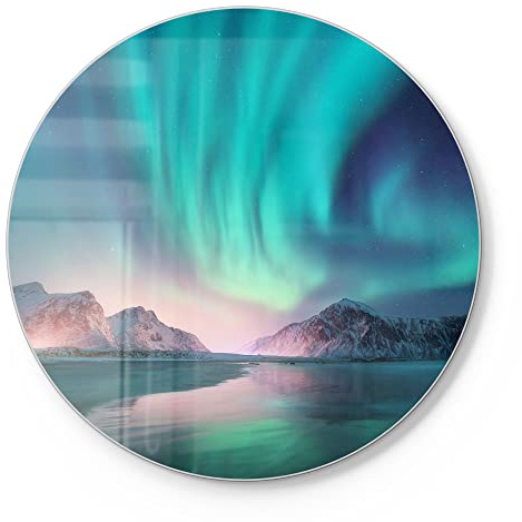 DEQORI Schneidebrett aus Glas | rund Ø30 cm | Motiv Das Nordlicht der Lofoten | Design Schneideplatte für Küche | Frühstücksbrett antibakteriell & rutschfest | Glasplatte & Servierplatte