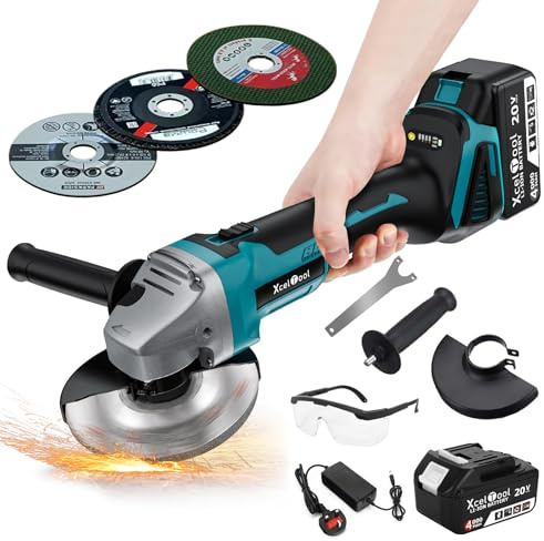 Amoladora angular inalámbrica de 20 V con batería, amoladora angular sin escobillas de 9800 RPM de 125 mm para cortar moler y pulir, con mango ajustable de 2 posiciones, 3 ruedas de corte