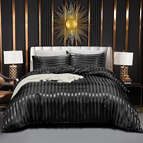 Luofanfei Glänzend Bettwäsche Satin 200x200 Schwarz Glanzsatin Kühlende Sommer Bettwäsche Set Seide Luxus Glatt Gestreifte Einfarbig Schwarze Bettbezug mit Reissverschluss und Kissenbezüge 80x80 cm