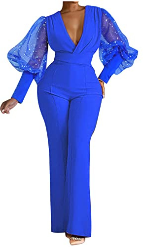 Sequin Jumpsuit for Women UK V Neck Jumpsuit Long Sleeve Rompers Playsuit Straight Leg Trousers Clubwear Plus Size Pants Dress Rompers UK Size Ladies Long Pants for Work Party Club Wedding Blue