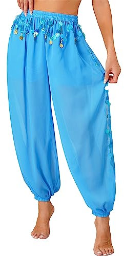 CHICTRY Bauchtanz Haremshose Damen Chiffon Tribal Arabische Hose Pailletten Glänzend Lose Bauchtanz Kostüm Pumphose Für Yoga Pilates Party Himmelblau Einheitsgröße