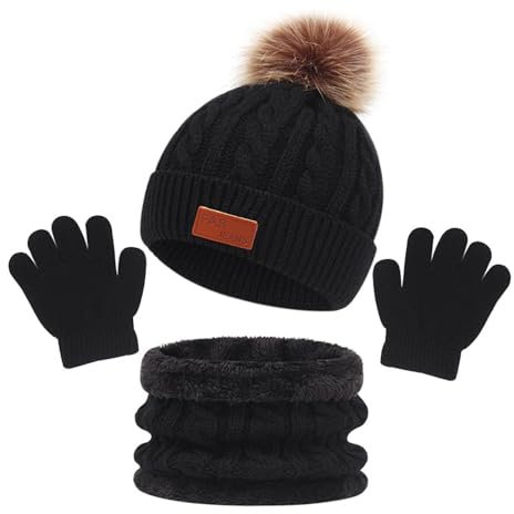 SKHAOVS 3 Stück Schwarz Warmes Winter Set für Kinder Mütze Schal Handschuhe Sets Winter Halswärmer Kinder Bommelmütze 3 in1 Fleece Wärme für Jungen Mädchen 1-5 Jahre