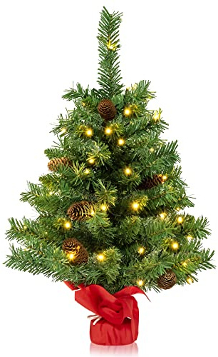 COSTWAY 64 cm Künstlicher Weihnachtsbaum mit Beleuchtung, Kleiner Tannenbaum mit 8 Lichtmodi, 8 Tannenzapfen & Zementbasis, Weihnachtsdeko, Tisch-Christbaum für Zuhause, Büro