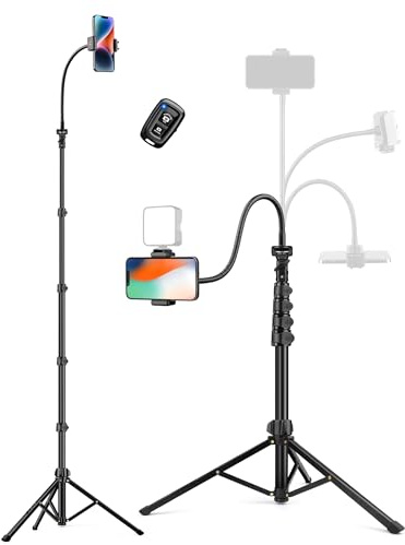 Phone Tripod, 86 Tall Tripod for iPhone with Flexible Gooseneck & Remote, Portable Aluminum Cellphone Stand for Selfies, Video Recording,Travel, Compatible with iPhone Android