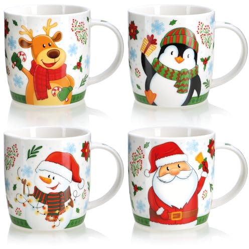 com-four® 4x Kaffeebecher aus Keramik 400 ml - Kaffee-Tasse in weihnachtlichem Design - Kaffeepott für Kalt- und Heißgetränke - bunte Henkeltassen zur Adventszeit (Weihnachten - 400ml)
