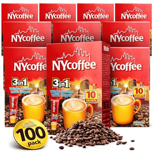 SOL 100pk Bulk NY White Coffee 3-in-1 with Sugar - Instant Sachets Set | 10x10pk case pack, quick and convenient, for home, office and on the go daily coffee