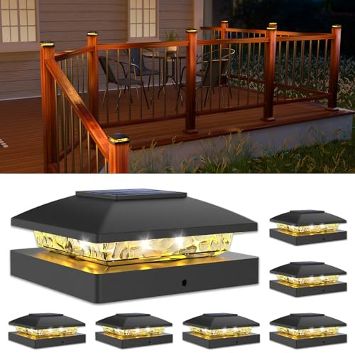VOLISUN Paquete de 6 luces solares para postes de 4 x 4, valla solar, luces de poste para exteriores, impermeables, para postes de madera/vinilo, luz negra para poste de cubierta, funciona con energía