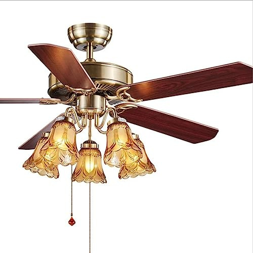 Ventilatore da soffitto a foglia di legno in stile europeo Lampadario a ventaglio a foglia di ferro leggero Ristorante Soggiorno Lampada da ventilatore a soffitto a tre velocità del vento(A,48 inch)